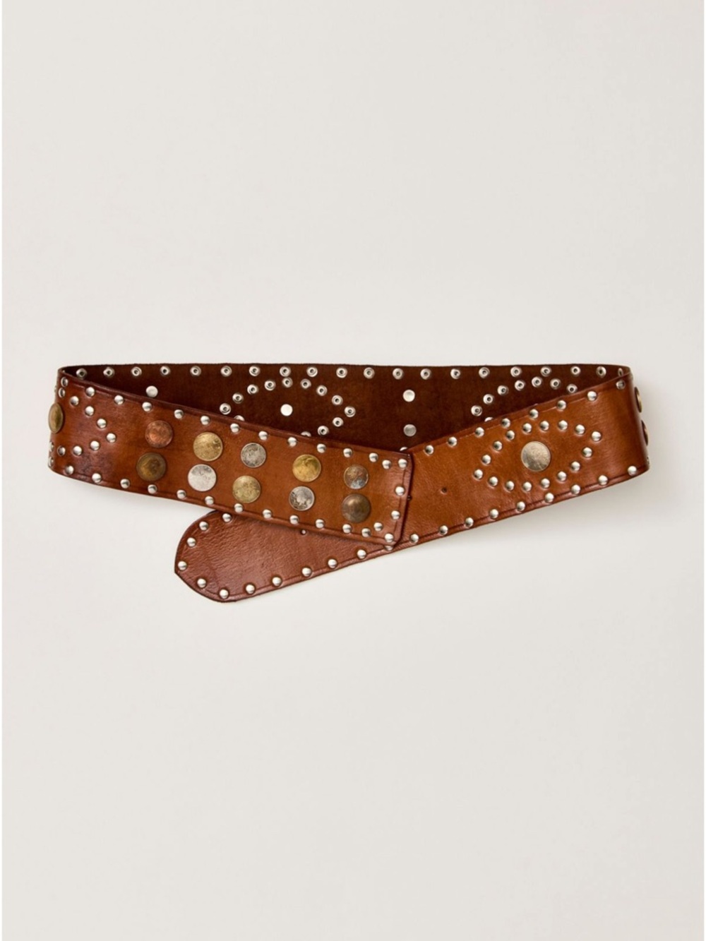 Studded Brown Leather Waist Belt with Metal Coin Accents - Picture 4 of 6